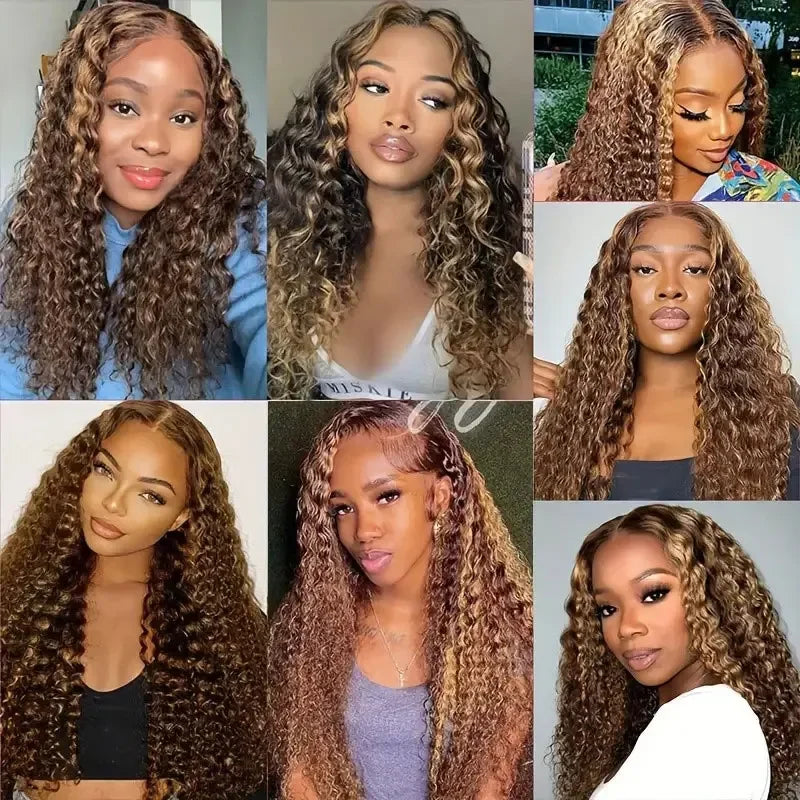 P4/27 Deep Wave Highlighted Human Hair Bundles Honey Brown Curly Hair Weaves 3 Bundle Deals Virgin Hair Extension for Ponytails