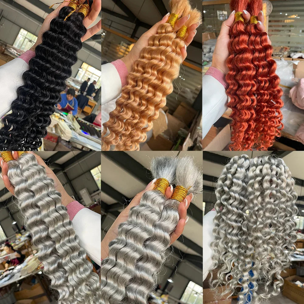 Brown Colored Human Braiding Hair 2 Bundles/Pack 100g 18 Inch Deep Wave Curly Bulk 100% Human Hair for Braiding No Weft 10A
