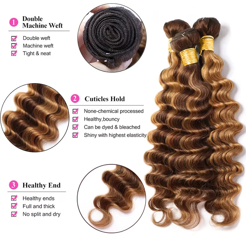 P4/27 Deep Wave Highlighted Human Hair Bundles Honey Brown Curly Hair Weaves 3 Bundle Deals Virgin Hair Extension for Ponytails