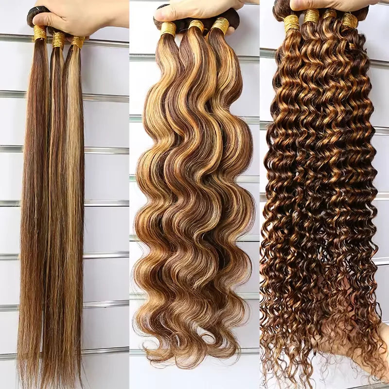 P4/27 Deep Wave Highlighted Human Hair Bundles Honey Brown Curly Hair Weaves 3 Bundle Deals Virgin Hair Extension for Ponytails