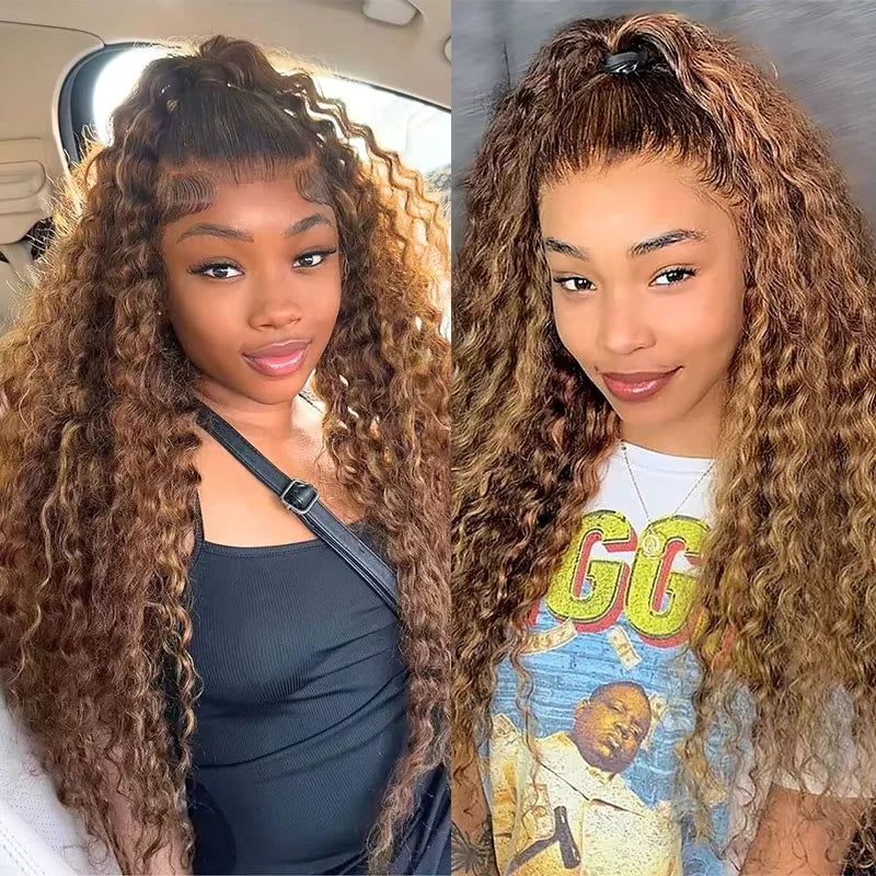 P4/27 Deep Wave Highlighted Human Hair Bundles Honey Brown Curly Hair Weaves 3 Bundle Deals Virgin Hair Extension for Ponytails