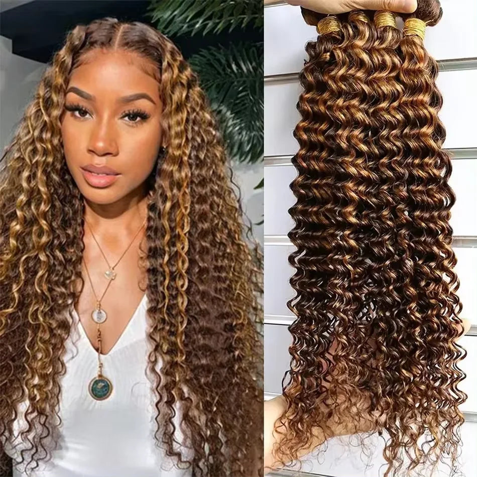 P4/27 Deep Wave Highlighted Human Hair Bundles Honey Brown Curly Hair Weaves 3 Bundle Deals Virgin Hair Extension for Ponytails