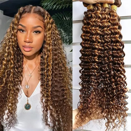 P4/27 Deep Wave Highlighted Human Hair Bundles Honey Brown Curly Hair Weaves 3 Bundle Deals Virgin Hair Extension for Ponytails