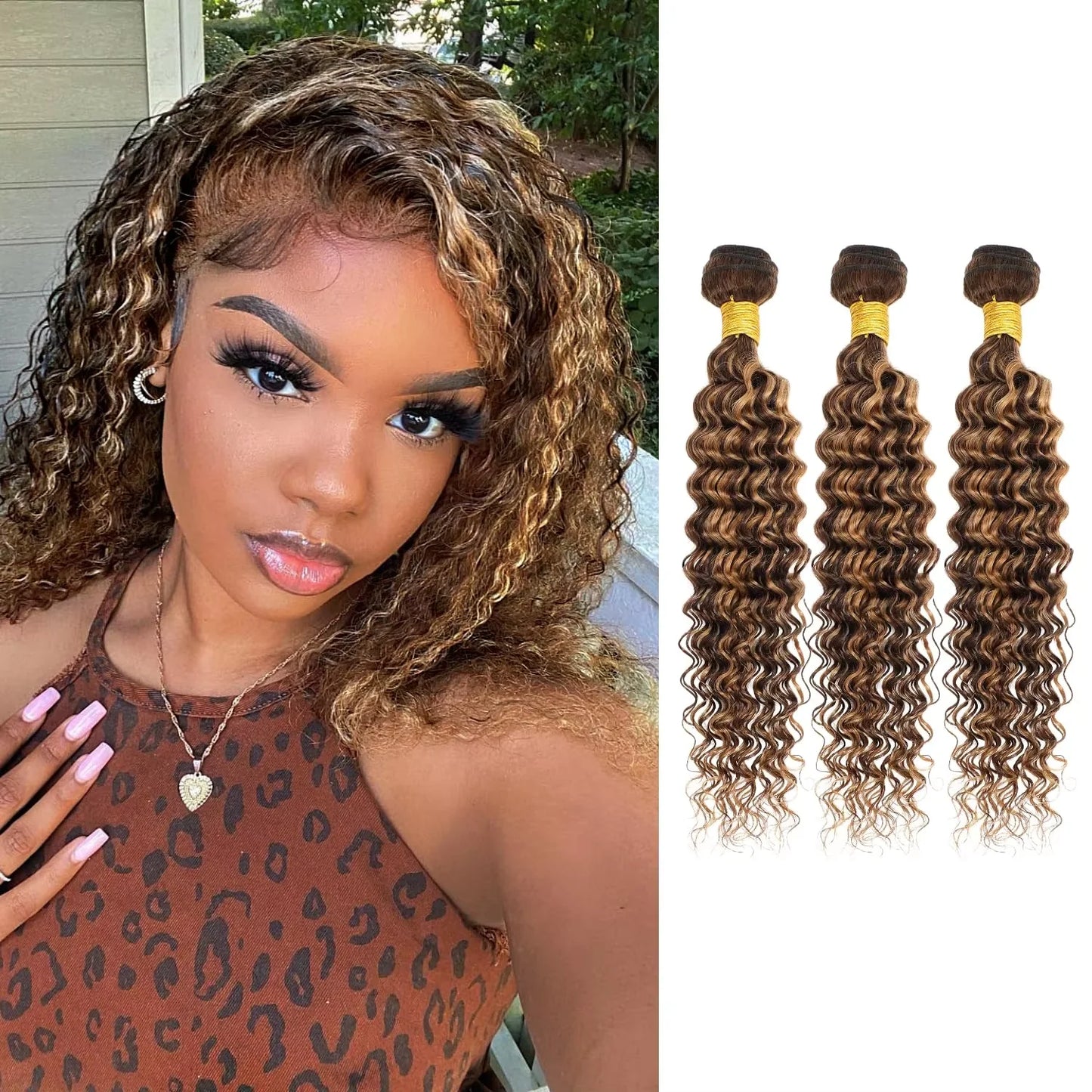 P4/27 Deep Wave Highlighted Human Hair Bundles Honey Brown Curly Hair Weaves 3 Bundle Deals Virgin Hair Extension for Ponytails